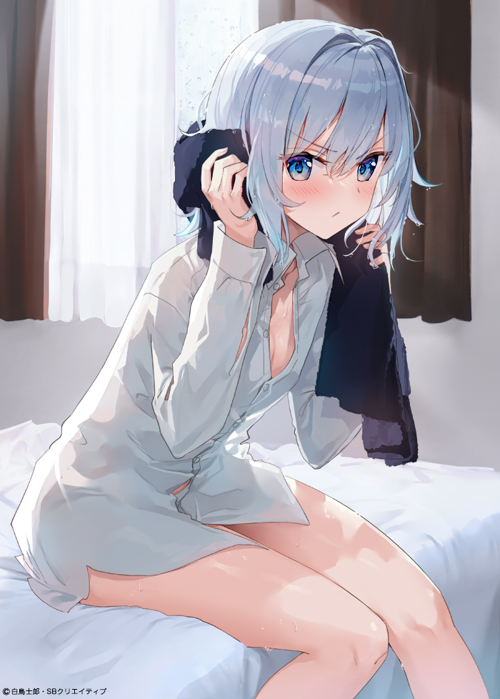 1girl, blue_eyes, blush, breasts, from_side, fuumi_(radial_engine), hair_intakes, indoors