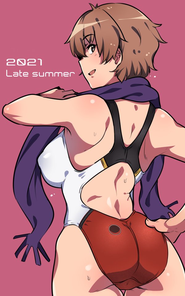 1girl, armpits, ass, blush, breasts, brown_hair, cowboy_shot, em_(totsuzen_no_hakike)