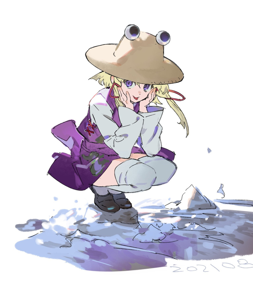 1girl, :p, black_footwear, blonde_hair, brown_headwear, dated, full_body, hair_ribbon, hands_on_own_cheeks, hands_on_own_face, hands_up, highres, iovebly, long_hair, long_sleeves, looking_at_viewer, moriya_suwako, purple_skirt, purple_vest, red_ribbon, ribbon, shirt, shoes, simple_background, skirt, solo, squatting, thigh-highs, tongue, tongue_out, touhou, tress_ribbon, vest, violet_eyes, white_background, white_legwear, white_shirt, wide_sleeves