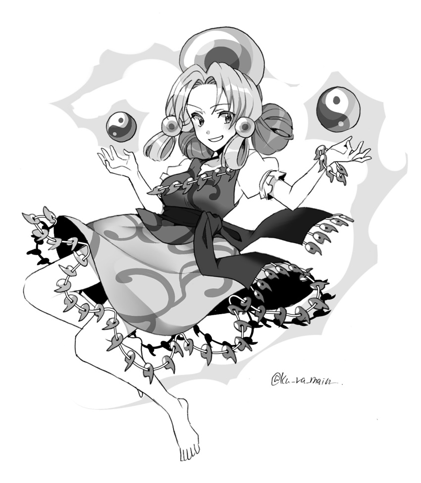 1girl, double_bun, eyebrows_visible_through_hair, fire, floating, full_body, grey_eyes, grey_hair, greyscale, hair_ornament, hairclip, hands_up, highres, kuroshirase, looking_at_viewer, magatama, magatama_trim, medium_hair, monochrome, multicolored, multicolored_clothes, multicolored_hair, one-hour_drawing_challenge, orb, patterned_clothing, puffy_short_sleeves, puffy_sleeves, sash, short_sleeves, signature, simple_background, smile, smirk, solo, tamatsukuri_misumaru, touhou, twitter_username, two-tone_hair, vest, white_background, yin_yang, yin_yang_orb