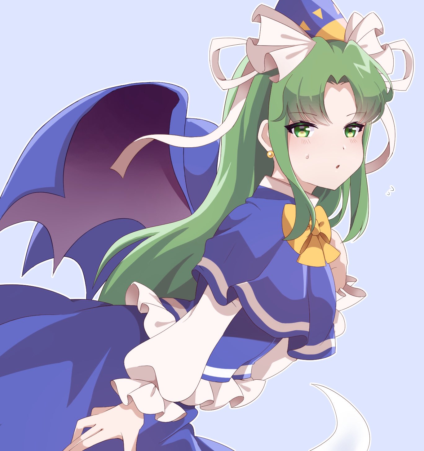 1girl, blue_capelet, blue_headwear, blue_skirt, blue_vest, blush, bow, capelet, demon_wings, earrings, eyebrows_visible_through_hair, green_eyes, green_hair, hat, highres, jewelry, light_blue_background, long_hair, long_skirt, looking_at_viewer, milll_77, mima_(touhou), ribbon, shirt, simple_background, skirt, sweat, touhou, touhou_(pc-98), vest, white_bow, white_ribbon, white_shirt, wings, wizard_hat, yellow_bow, yellow_neckwear