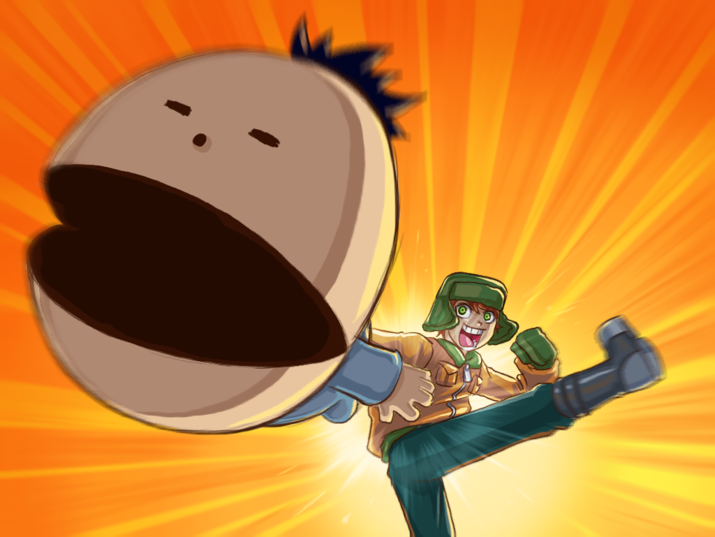 2boys, =_=, black_hair, brothers, crazy_eyes, gloves, green_eyes, hat, ike_broflovski, jacket, kick_the_baby, kicking, kyle_broflovski, motion_blur, multiple_boys, open_mouth, parka, red_hair, siblings, south_park