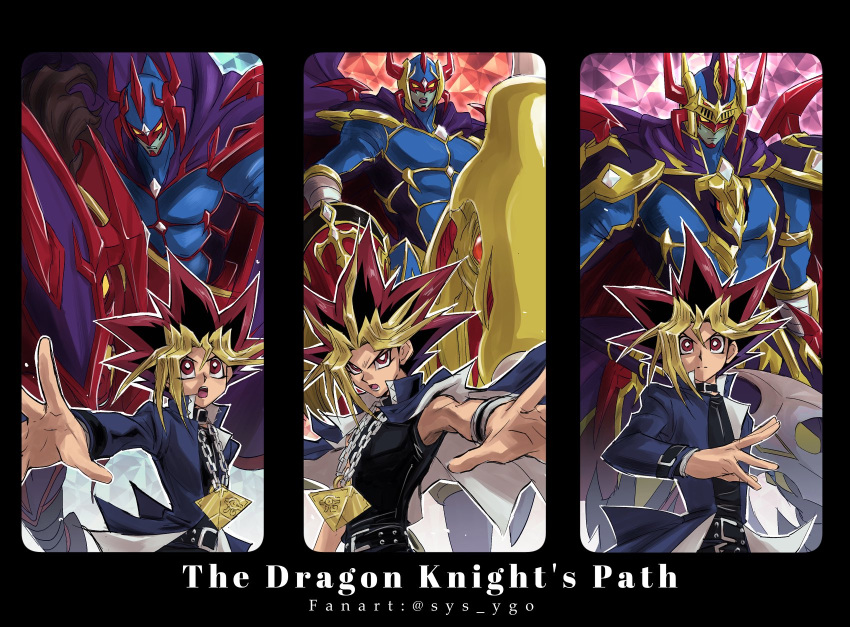2boys, bangs, belt, black_hair, black_shirt, blonde_hair, blue_jacket, bright_pupils
