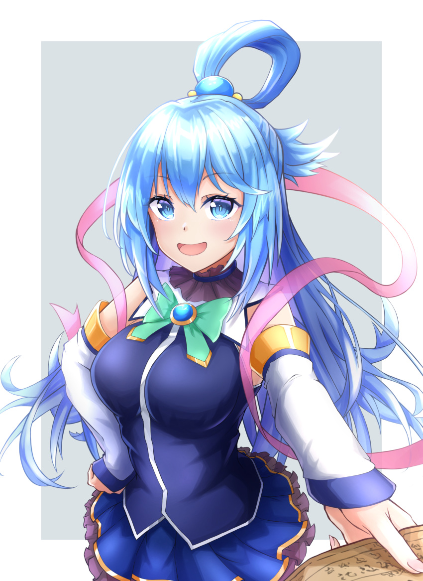 1girl, absurdres, aqua_(konosuba), bare_shoulders, blue_eyes, blue_hair, blue_legwear, blue_skirt