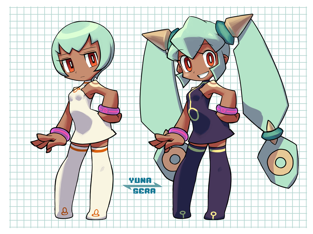 2girls, bare_shoulders, bracelet, breasts, closed_mouth, dark-skinned_female, dark_skin, green_hair, jewelry, long_hair, looking_at_viewer, mega_man_(series), mega_man_legends, mega_man_legends_2, multiple_girls, muu_(mumumer), red_eyes, sera_(mega_man), short_hair, smile, thigh-highs, twintails, yuna_(mega_man)
