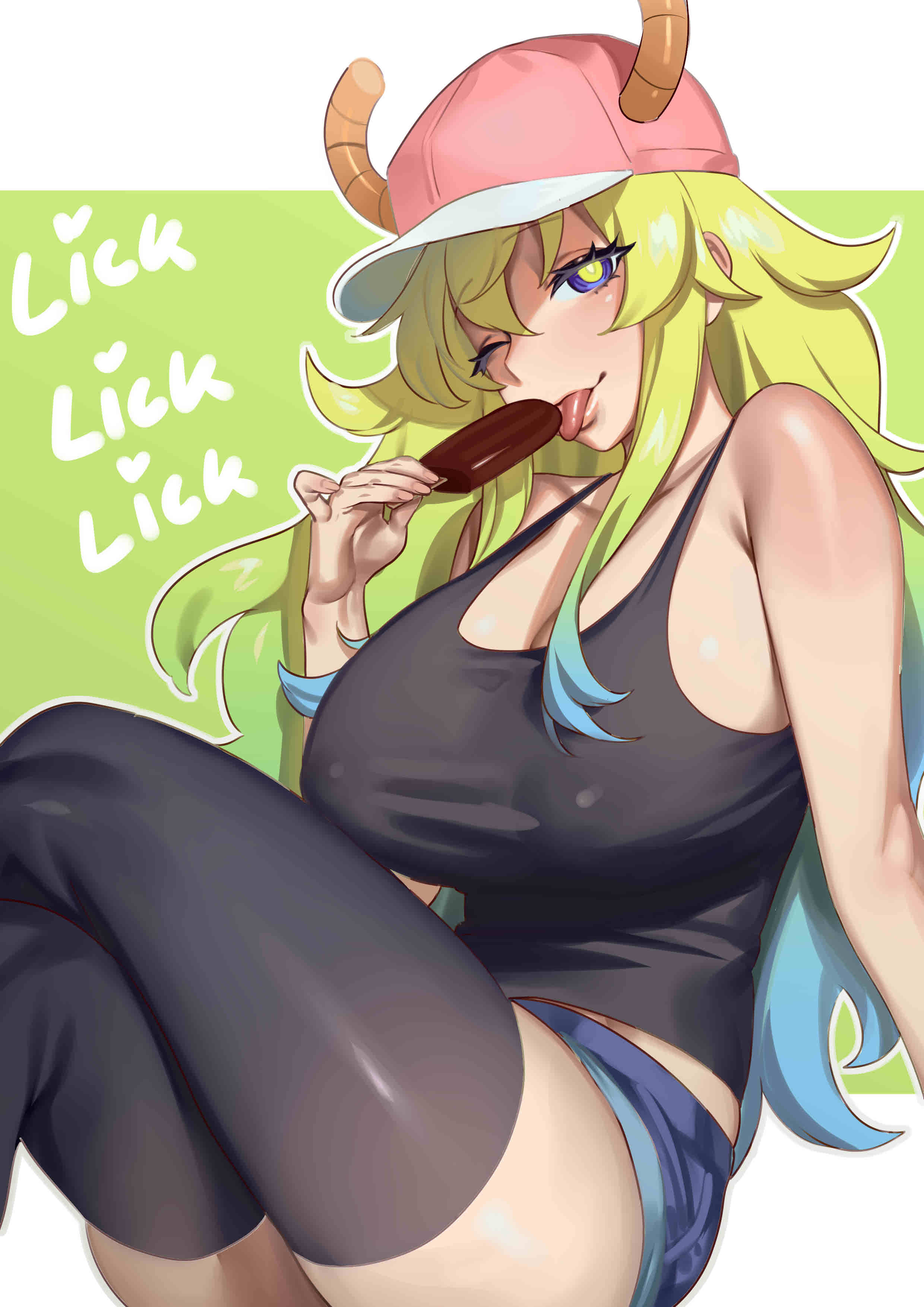 1girl, absurdres, baseball_cap, black_legwear, black_tank_top, blonde_hair, blue_hair, blue_shorts