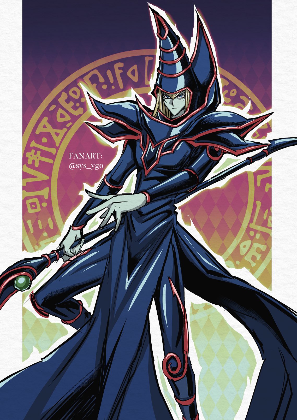 1boy, bangs, blonde_hair, boots, closed_mouth, colored_skin, commentary_request, dark_magician, duel_monster, green_skin, hat, highres, holding, holding_staff, long_hair, male_focus, pillarboxed, smile, solo, soya_(sys_ygo), staff, twitter_username, wizard_hat, yu-gi-oh!