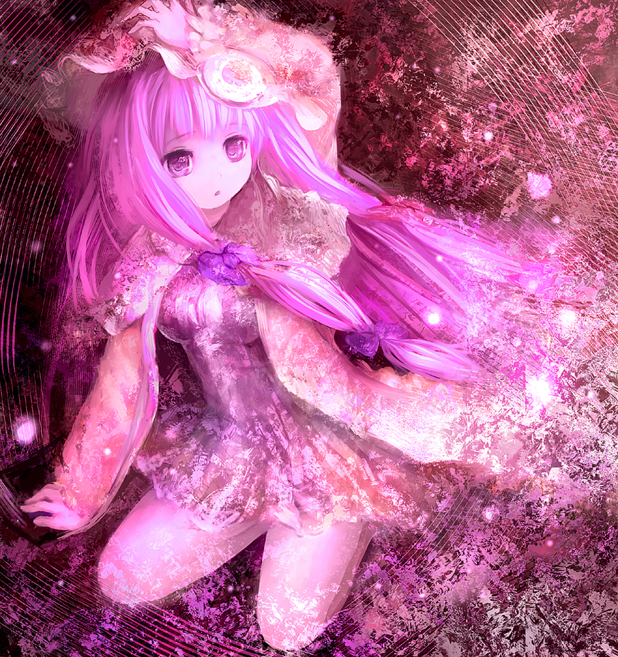 crescent_moon, hair_ribbon, hat, kasutaso, kneeling, long_hair, moon, patchouli_knowledge