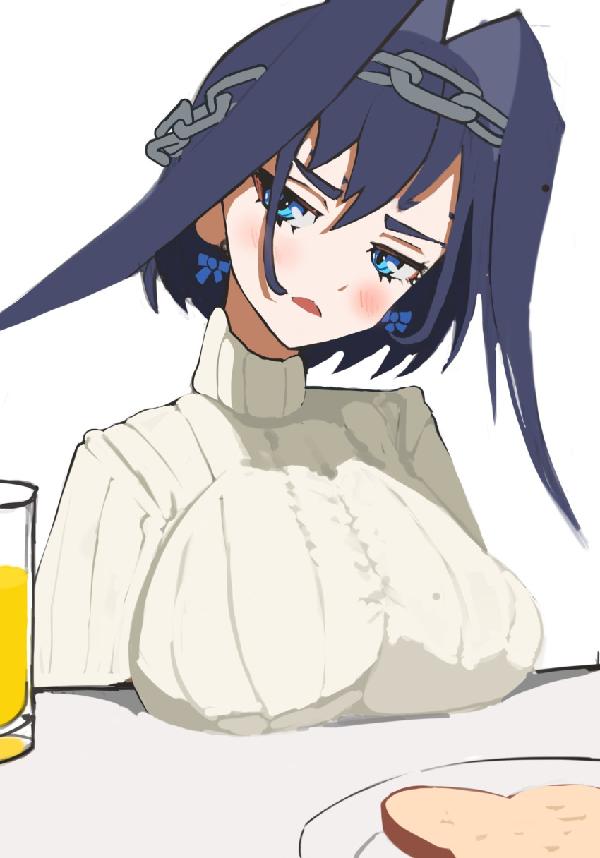 1girl, annoyed, bangs, blue_eyes, blue_hair, bow, bow_earrings, breast_rest