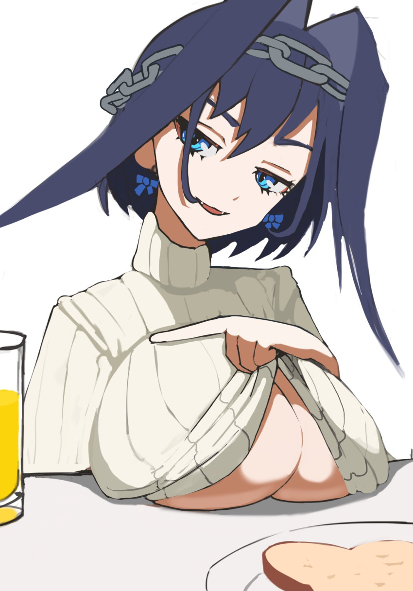 1girl, bangs, blue_eyes, blue_hair, bow, bow_earrings, breast_rest, breasts, chain, clothes_lift, cup, earrings, fangs, food, grey_sweater, hair_intakes, head_tilt, highres, hololive, hololive_english, jewelry, large_breasts, looking_to_the_side, naughty_face, open_mouth, ouro_kronii, pea_(poopingirl), plate, ribbed_sweater, smile, solo, sweater, sweater_lift, table, toast, under_boob, virtual_youtuber