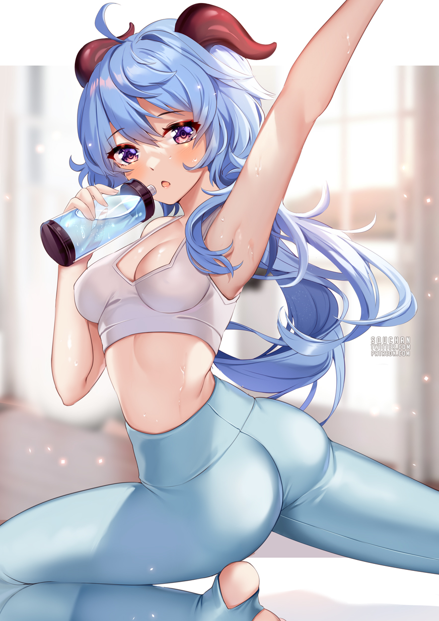 1girl, ahoge, arm_up, armpits, ass, bare_arms, bare_shoulders, blue_hair