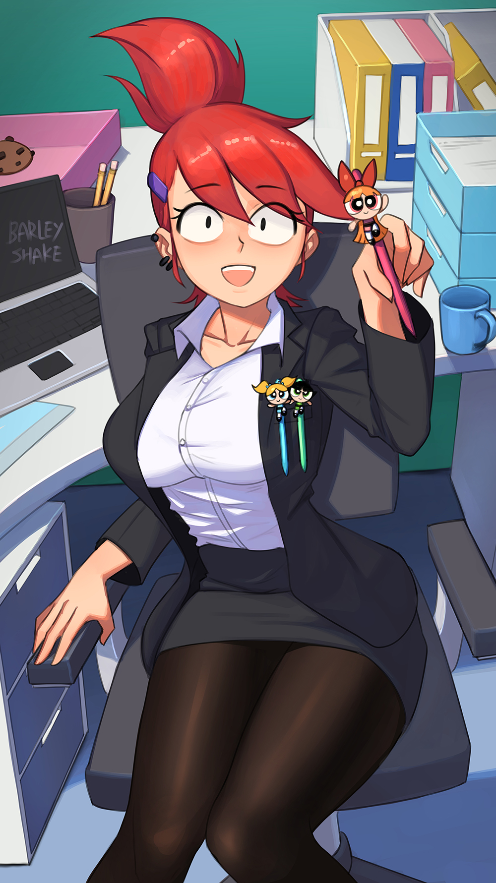 1girl, alternate_costume, barleyshake, breasts, business_suit, formal, foster's_home_for_imaginary_friends, frankie_foster, highres, large_breasts, office, office_lady, pantyhose, pencil_skirt, redhead, skirt, skirt_suit, solo, suit, toon_(style)
