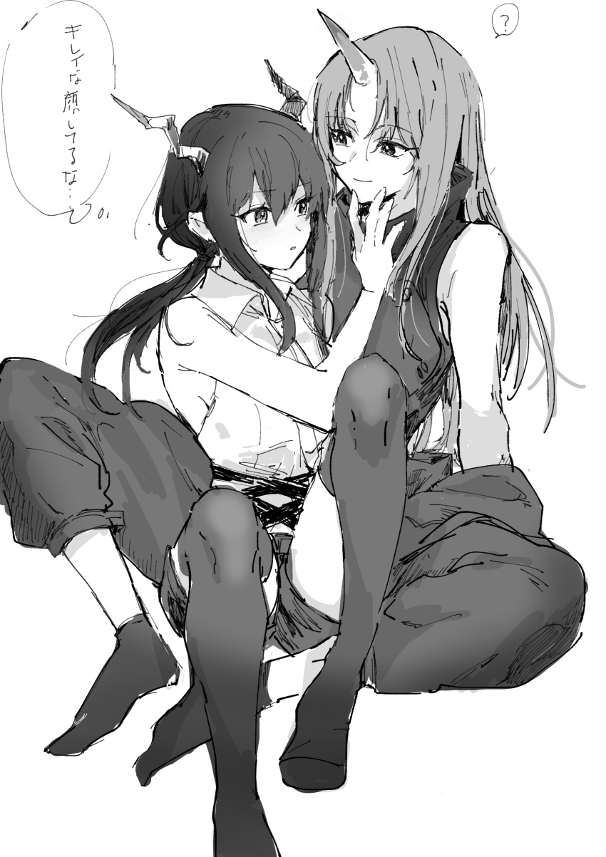 2girls, ?, absurdres, arknights, arm_support, bare_arms, between_legs, ch'en_(arknights), closed_mouth, collared_shirt, dragon_horns, eyebrows_visible_through_hair, greyscale, hand_on_another's_face, highres, horns, hoshiguma_(arknights), long_hair, monochrome, multiple_girls, na_tarapisu153, oni_horns, pants, parted_lips, ponytail, shirt, single_horn, sitting, sleeveless, sleeveless_shirt, smile, socks, spoken_question_mark, thigh-highs, thought_bubble, yuri