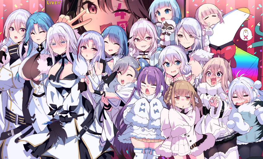 absurdres, avrora_(azur_lane), azur_lane, black_hair, blue_eyes, blue_hair, blush, brown_hair, chapayev_(azur_lane), earmuffs, gangut_(azur_lane), gremyashchy_(azur_lane), gromky_(azur_lane), grozny_(azur_lane), heterochromia, highres, himiya_jouzu, kirov_(azur_lane), long_hair, long_sleeves, minsk_(azur_lane), multiple_girls, murmansk_(azur_lane), pamiat_merkuria_(azur_lane), red_eyes, silver_hair, sovetskaya_belorussiya_(azur_lane), sovetskaya_rossiya_(azur_lane), sovetsky_soyuz_(azur_lane), stremitelny_(azur_lane), tallinn_(azur_lane), tashkent_(azur_lane), yellow_eyes