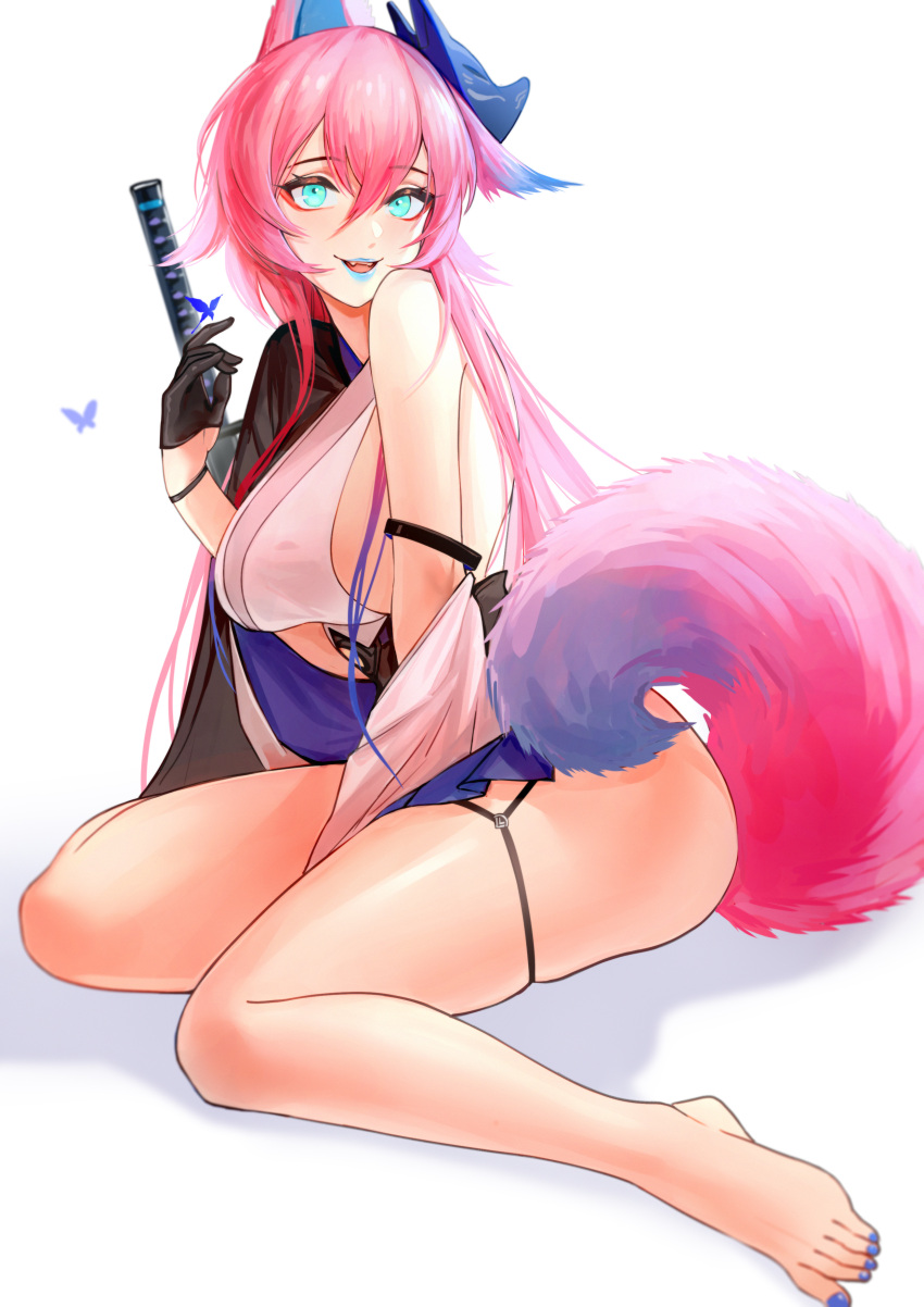 1girl, absurdres, aqua_eyes, aqua_lips, azur_lane, barefoot, black_gloves, breasts