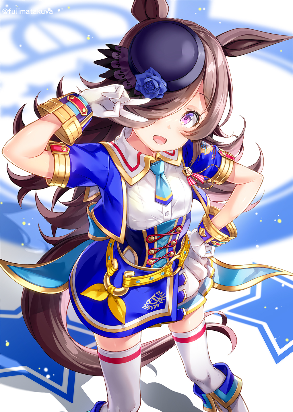 1girl, animal_ears, bangs, blue_jacket, blue_neckwear, brown_hair, feet_out_of_frame, fujima_takuya, glorious_azure_costume_(umamusume), gloves, hair_between_eyes, highres, horse_ears, horse_girl, horse_tail, idol, jacket, looking_at_viewer, necktie, open_clothes, open_jacket, open_mouth, red_eyes, rice_shower_(umamusume), short_hair, short_sleeves, shorts, smile, solo, tail, thigh-highs, twitter_username, umamusume, white_gloves, white_legwear, white_shorts, zettai_ryouiki