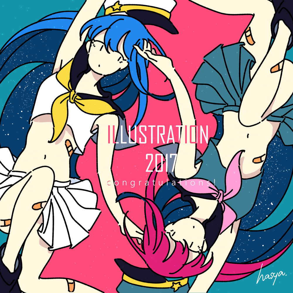 2017, 2girls, bandaid, bandaid_on_leg, bandaid_on_stomach, bangs, blue_hair, congratulations