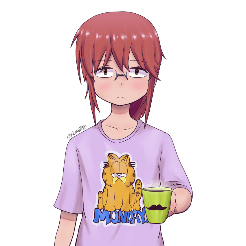 1girl, absurdres, coffee, coffee_mug, commentary_request, cup, eyebrows_visible_through_hair, garfield