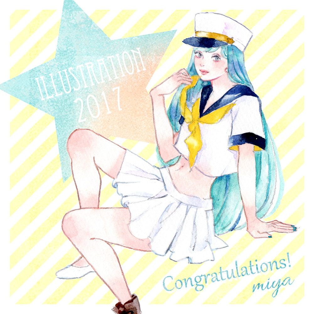 1girl, 2017, asymmetrical_footwear, bangs, black_footwear, blue_hair, congratulations, foot_out_of_frame