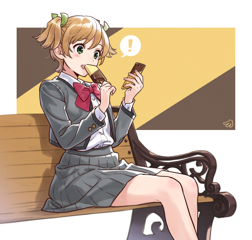 !, 1girl, bangs, bench, blush, bow, bowtie, brown_background