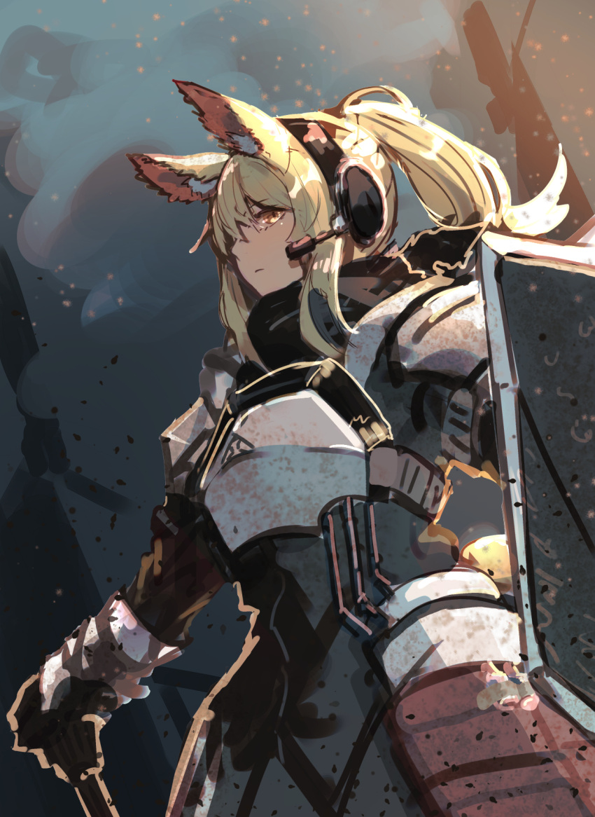 1girl, animal_ears, arknights, armor, axe, bangs, bannnouyakunta, blonde_hair, closed_mouth, hair_between_eyes, headphones, highres, holding, holding_axe, holding_shield, holding_weapon, horse_ears, horse_girl, horse_tail, long_hair, nearl_(arknights), outdoors, ponytail, shield, smoke, solo, tail, weapon, yellow_eyes