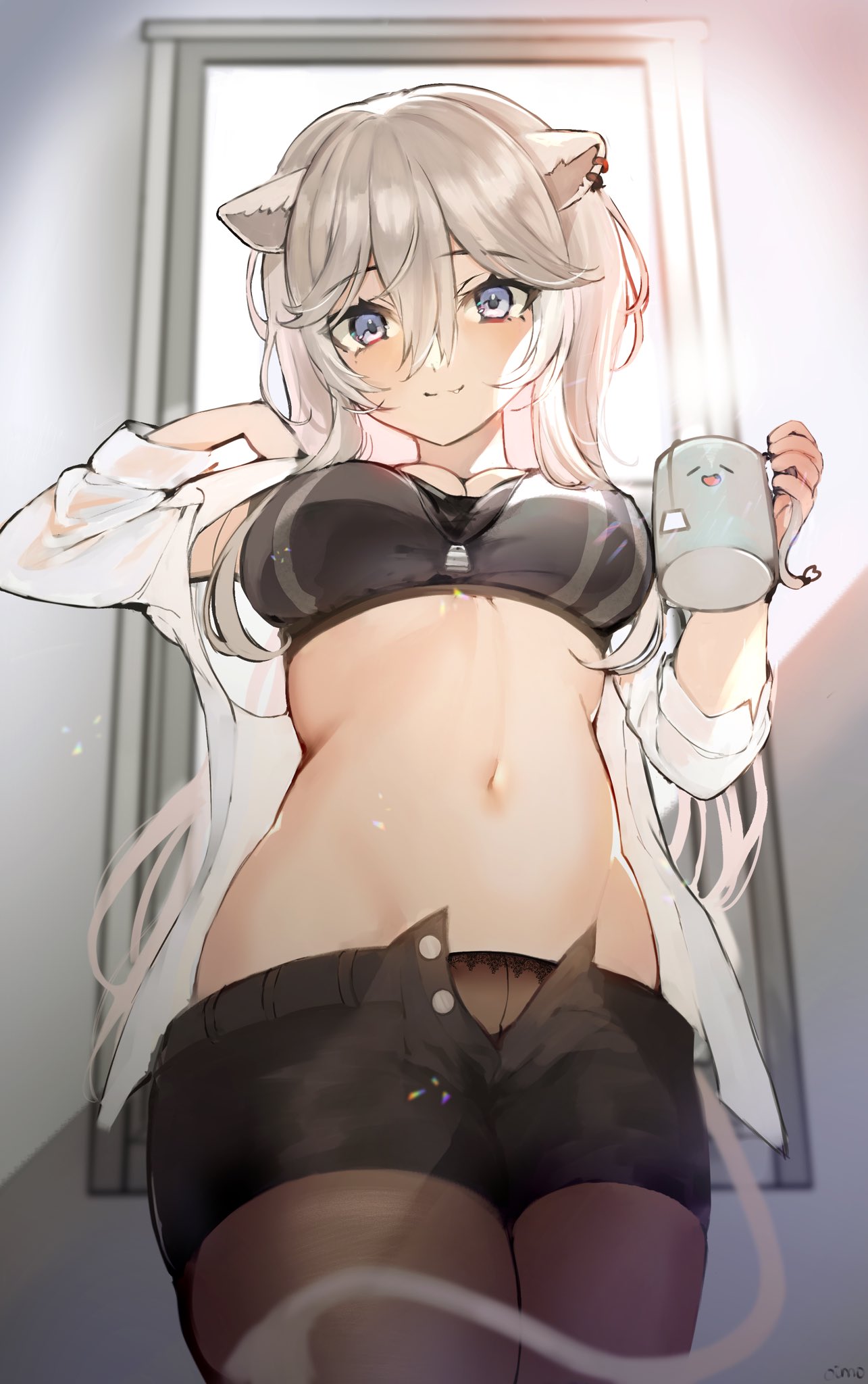 1girl, :3, animal_ears, brown_legwear, character_print, coffee_mug, commentary_request, cowboy_shot