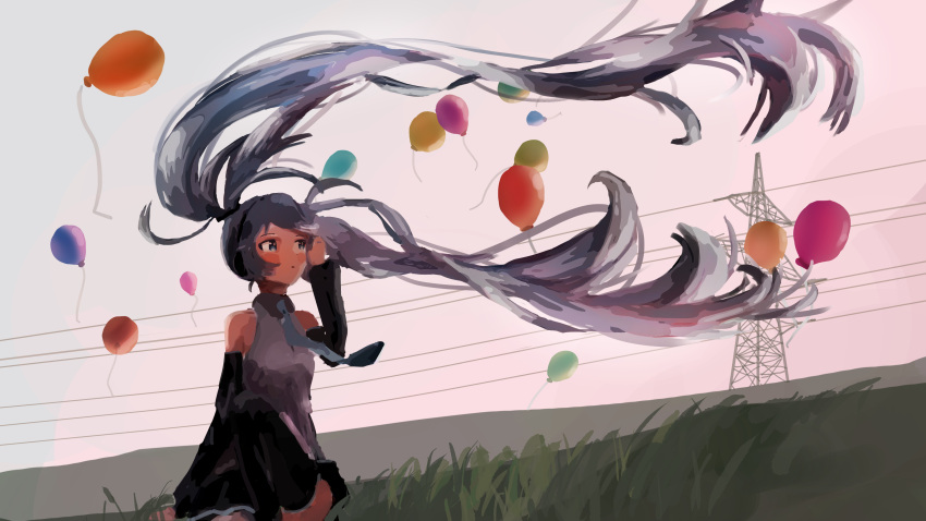 1girl, absurdres, balloon, black_skirt, black_sleeves, blue_hair, commentary_request, cowboy_shot