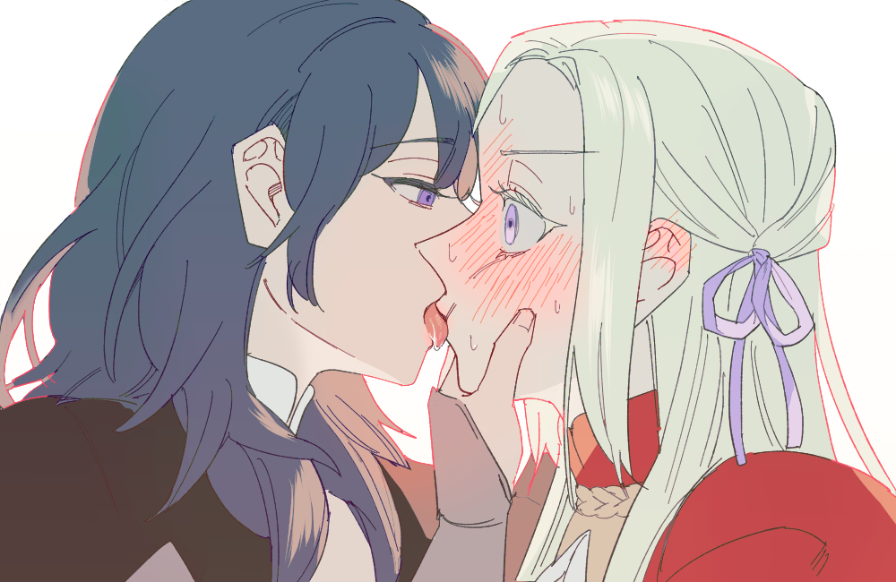 2girls, bang_gu9, blonde_hair, blue_hair, blush, byleth_(fire_emblem), byleth_eisner_(female), cheek_squash