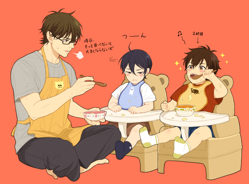 3boys, ace_of_diamond, apron, baby, barefoot, bib, black_hair, blush