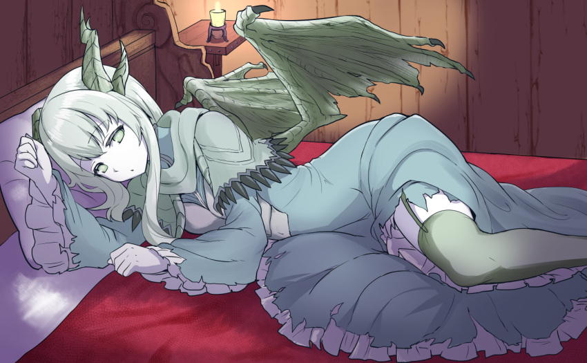1girl, bed, candle, dragon_girl, dragon_horns, horns, long_hair, looking_at_viewer