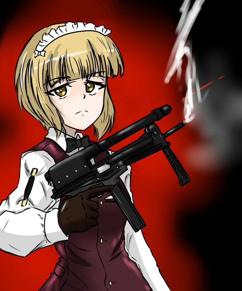 1girl, absurdres, arm_garter, bangs, bartender, black_gloves, black_neckwear, blonde_hair, blunt_bangs, bob_cut, bow, bowtie, brown_vest, closed_mouth, commentary, cutlass_(girls_und_panzer), dress_shirt, eyebrows_visible_through_hair, frown, girls_und_panzer, gloves, gun, highres, holding, holding_gun, holding_weapon, long_sleeves, looking_at_viewer, moesenyukikaze, shirt, short_hair, smoke, solo, submachine_gun, trigger_discipline, vest, weapon, weapon_request, white_shirt, wing_collar, yellow_eyes