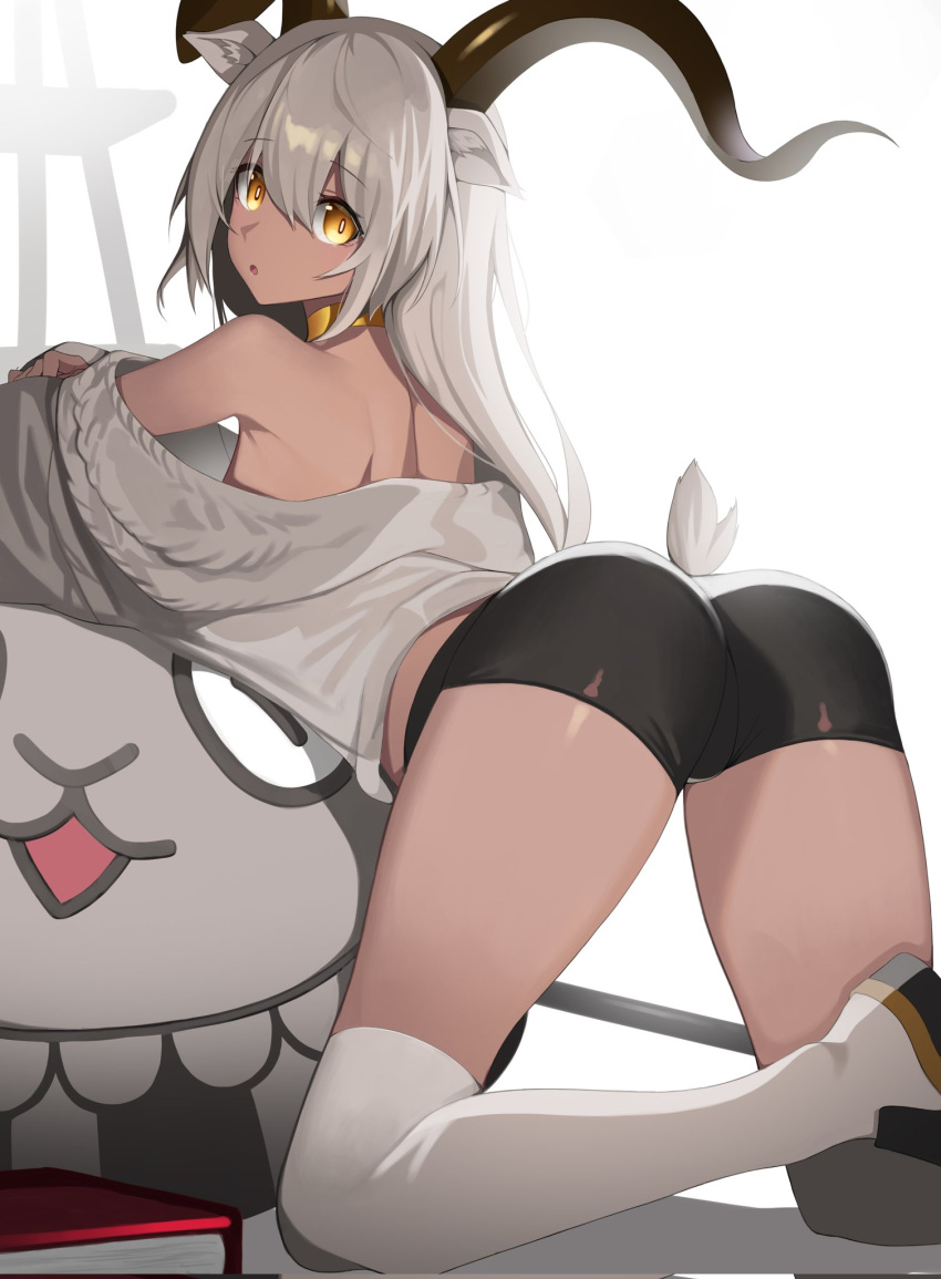1girl, :o, animal_ears, arknights, beeswax_(arknights), beeswax_(weisser_sand)_(arknights), black_footwear, black_shorts