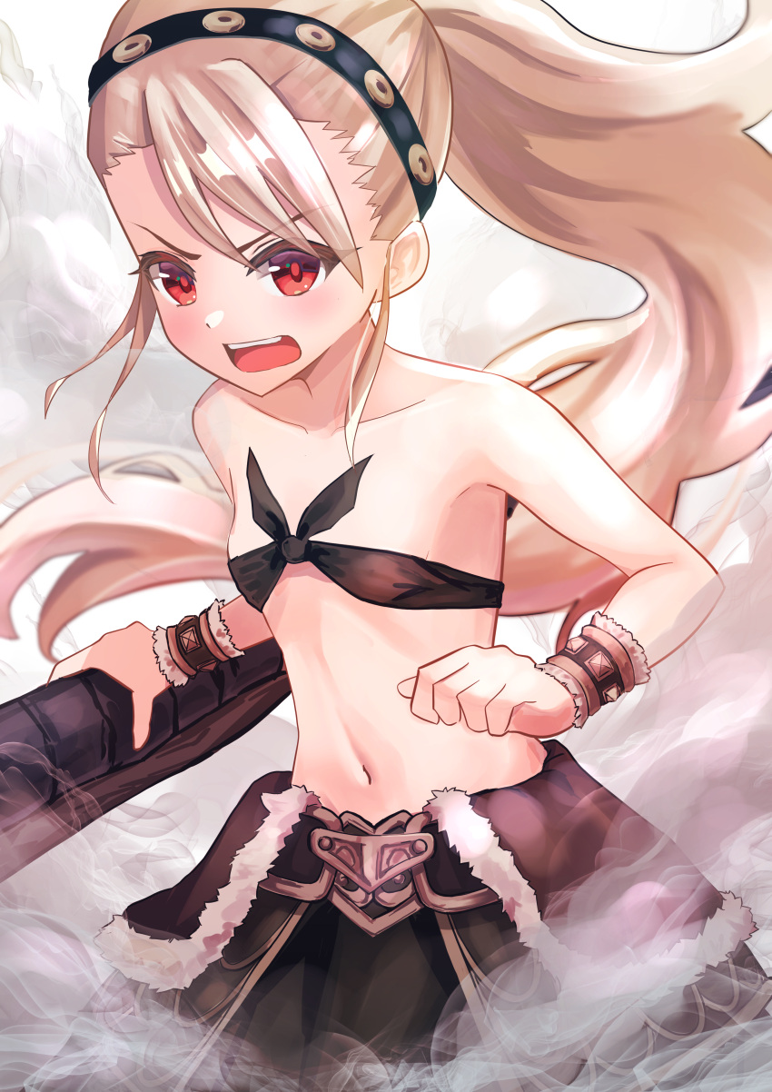 1girl, absurdres, bandeau, bangs, bare_shoulders, belt, blush, breasts