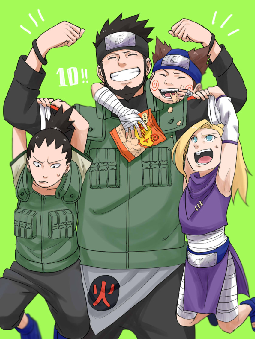 1girl, 3boys, :d, akimichi_chouji, armpits, bandages, bangs, black_eyes