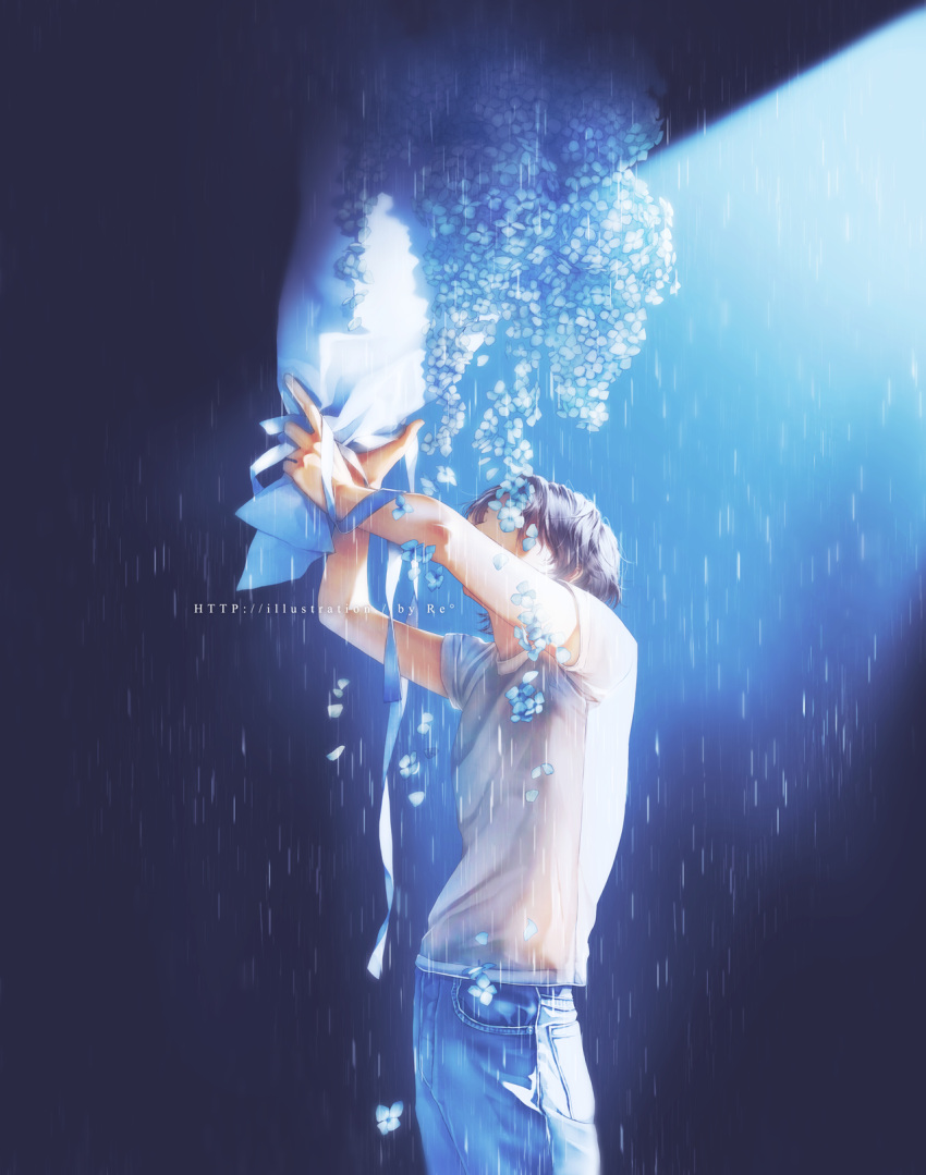 1boy, arms_up, backlighting, blue_flower, blue_petals, blue_ribbon, blue_theme, bouquet