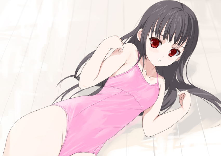 bare_shoulders, black_hair, blush, kusaka, kusaka_souji, leotard, long_hair, lying