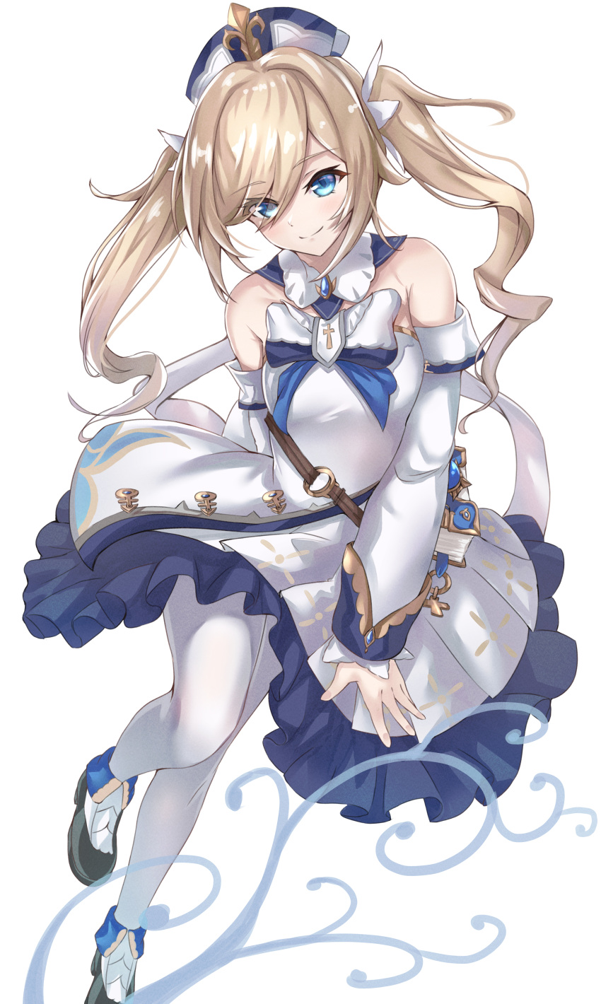 1girl, :d, absurdres, arm_behind_back, bangs, barbara_(genshin_impact), bare_shoulders, blonde_hair, blue_eyes, book, closed_mouth, cross, detached_collar, detached_sleeves, dress, eyebrows_visible_through_hair, frilled_dress, frills, full_body, genshin_impact, hair_between_eyes, hair_ornament, hat, highres, long_sleeves, medium_hair, nun, o-ring, off-shoulder_dress, off_shoulder, open_mouth, sidelocks, simple_background, smile, solo, strapless, strapless_dress, twintails, white_background, white_dress, white_legwear, yahan_(mctr5253)