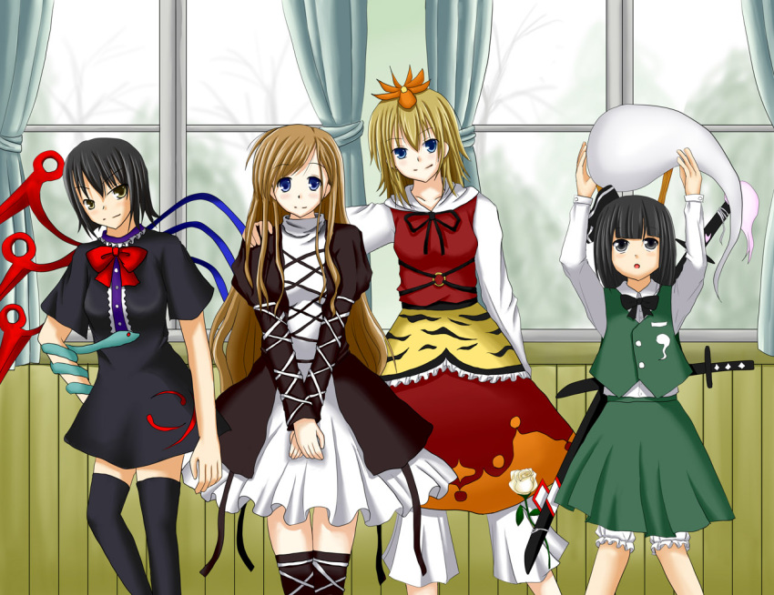 4girls, blonde_hair, flower, hijiri_byakuren_(cosplay), houjuu_nue_(cosplay), kanina_shizuka, konpaku_youmu_(cosplay), maria-sama_ga_miteru, myon, nijou_noriko, ribbon, rose, satou_sei, snake, sword, toramaru_shou_(cosplay), toudou_shimako, touhou, weapon