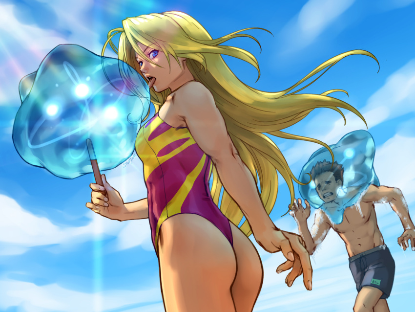 1boy, 1girl, ass, blonde_hair, blue_eyes, brown_hair, frozen, grey_swimsuit