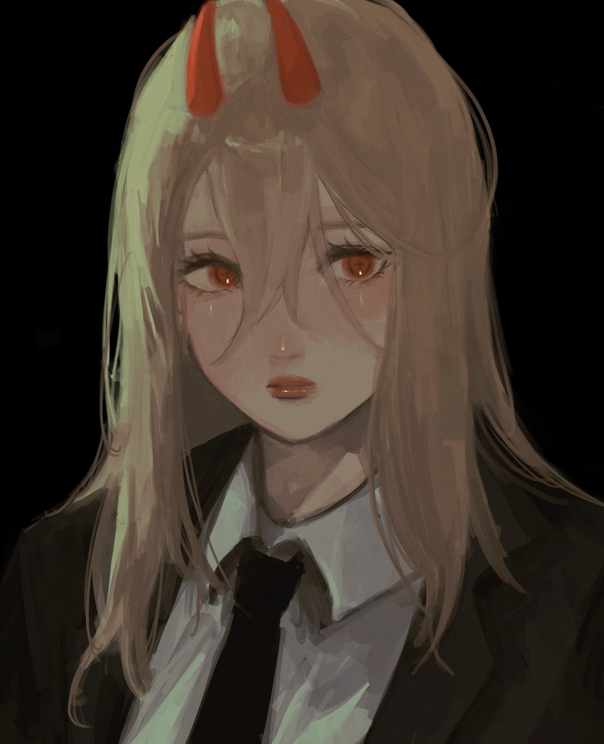 +_+, 1girl, black_background, black_suit, brown_hair, chainsaw_man, closed_mouth, formal