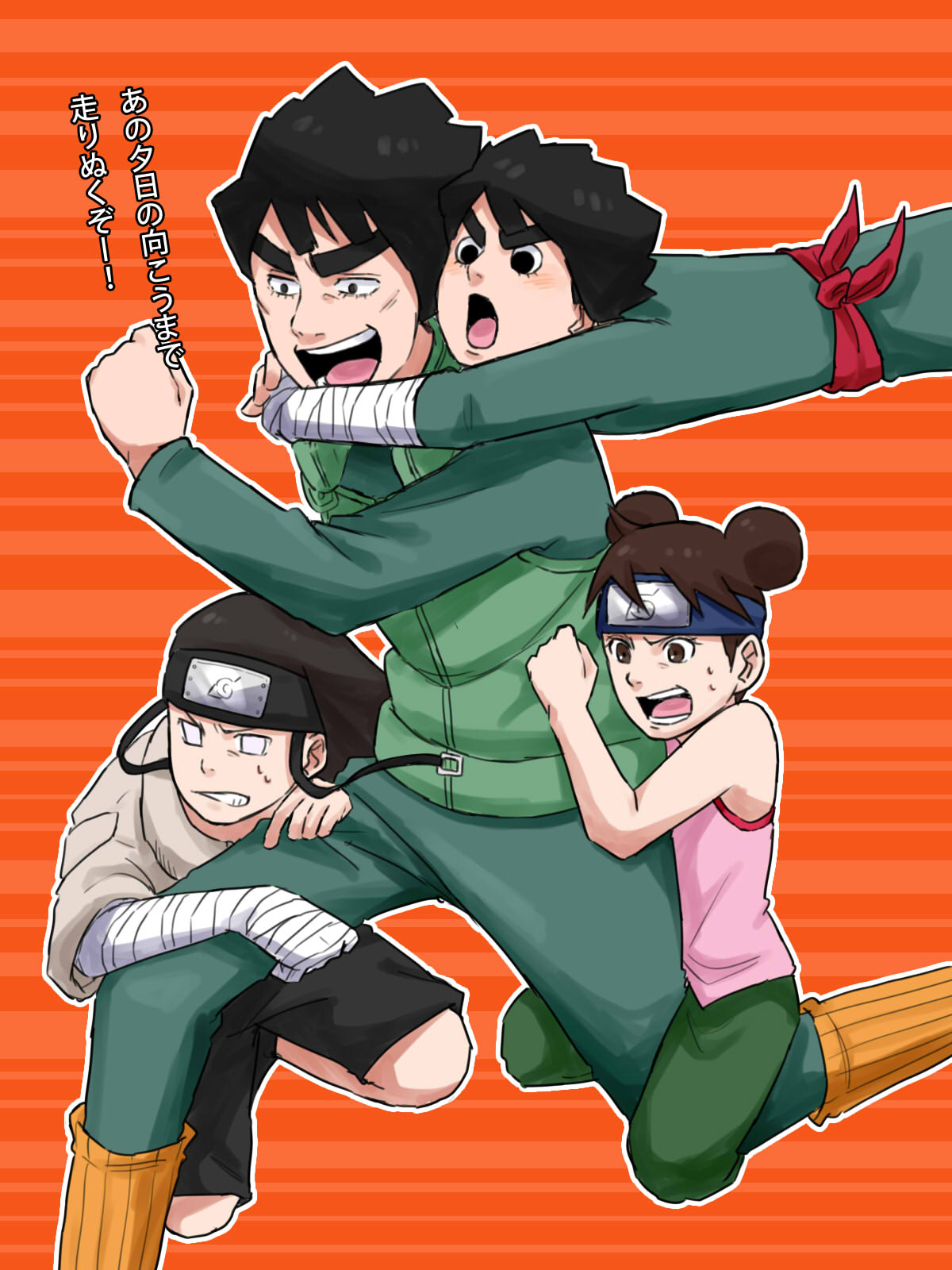 1girl, 3boys, :d, :o, bandages, black_eyes, black_hair, black_shorts