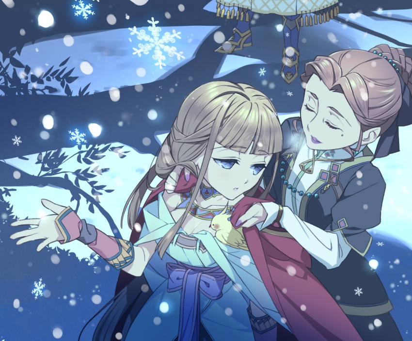 2girls, bangs, bird, blue_eyes, brown_hair, dress, fingerless_gloves, gloves