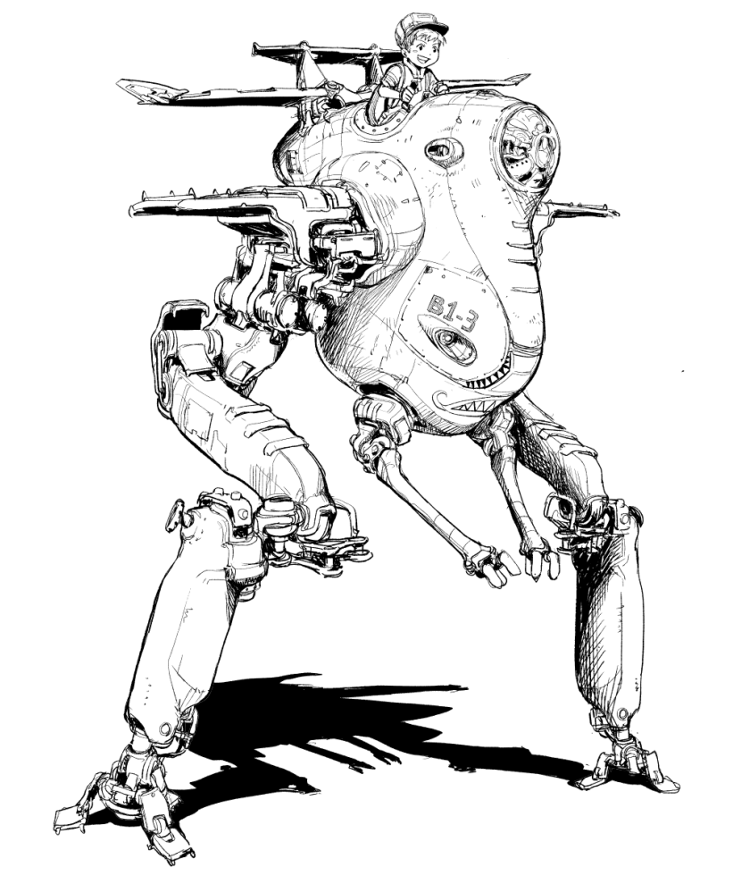 1boy, :d, child, commentary, english_commentary, externally_piloted_mecha, greyscale, hat