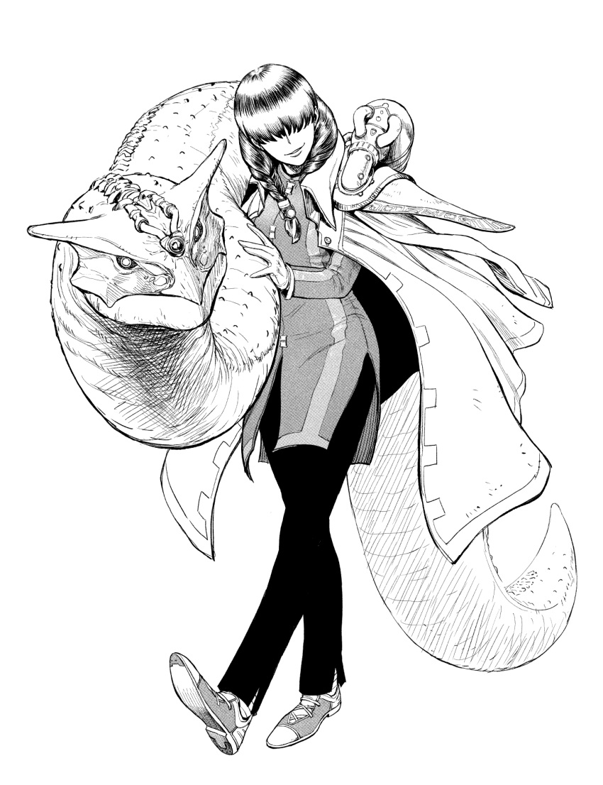 1girl, animal_on_shoulder, braid, coat, covered_eyes, facing_viewer, full_body, gloves