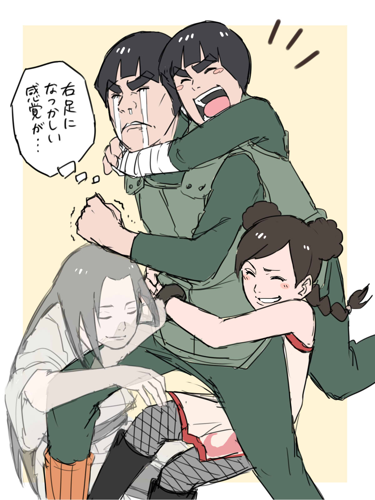 1girl, 3boys, :o, bandages, bangs, black_hair, blush, border