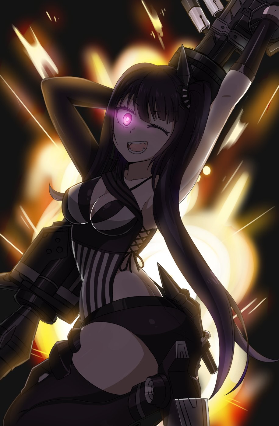 1girl, architect_(girls'_frontline), black_hair, breasts, explosion, fangs, girls_frontline, glowing