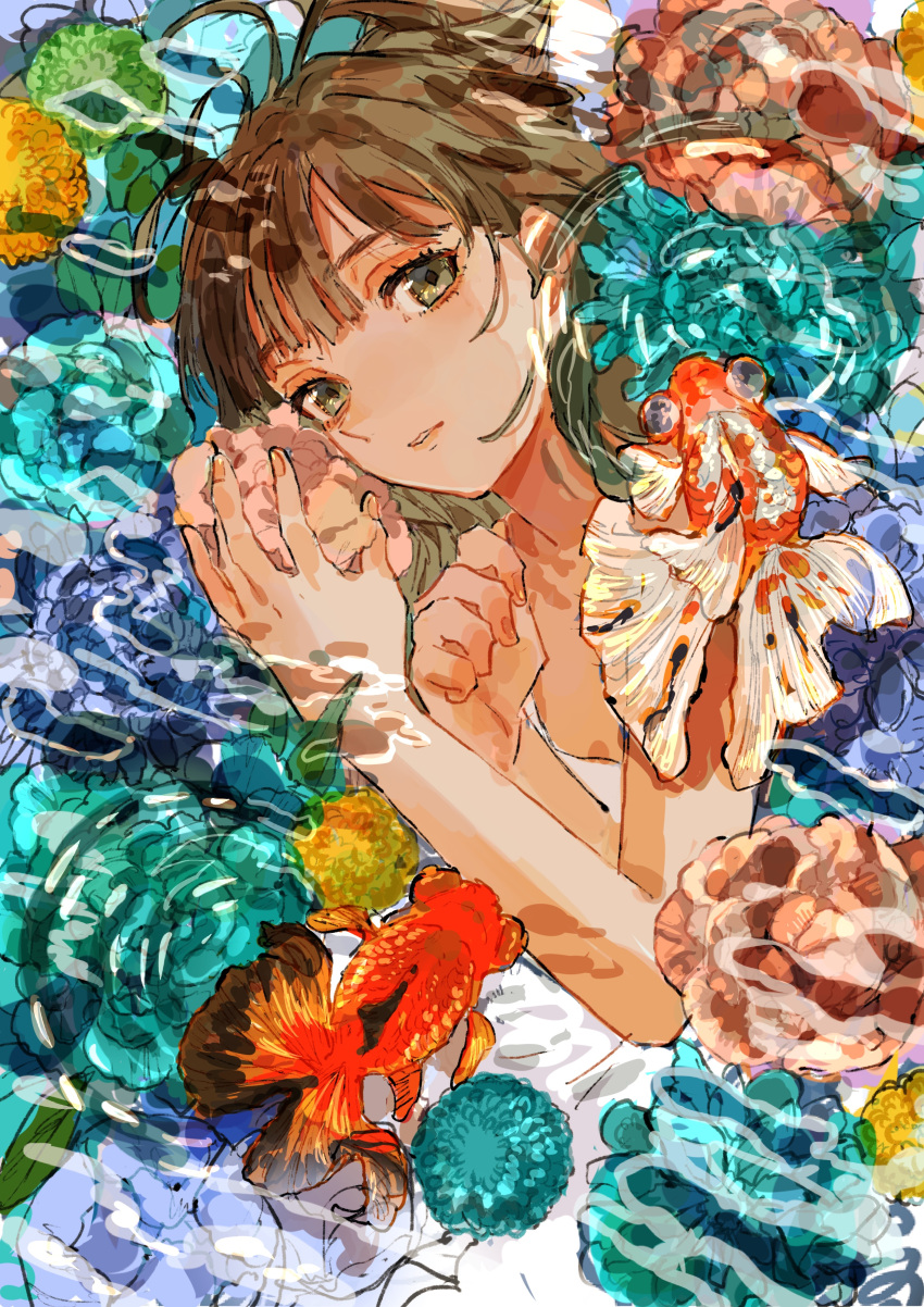 1girl, absurdres, bangs, bare_arms, brown_eyes, brown_hair, commentary_request, dress