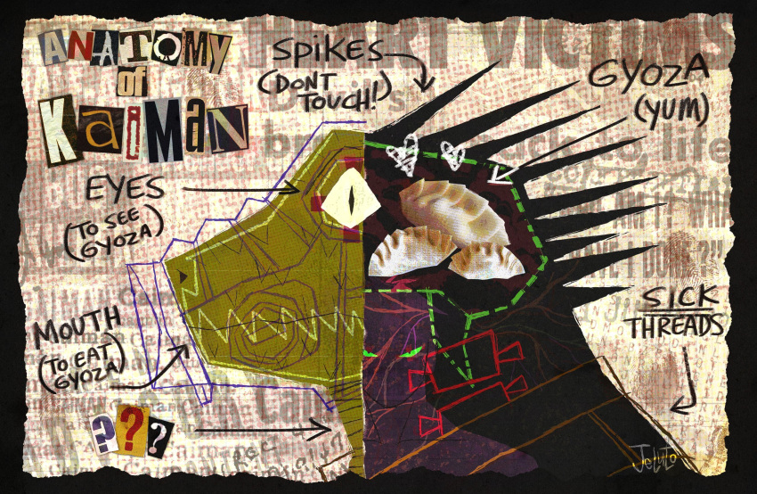 2boys, ?, abstract, curse_(dorohedoro), dorohedoro, dumpling, english_text, food