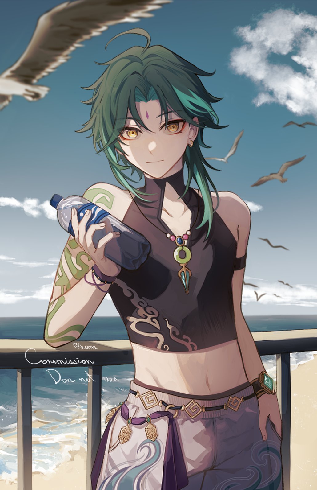 1boy, 329kome, ahoge, arm_tattoo, bird, bottle, closed_mouth, clouds