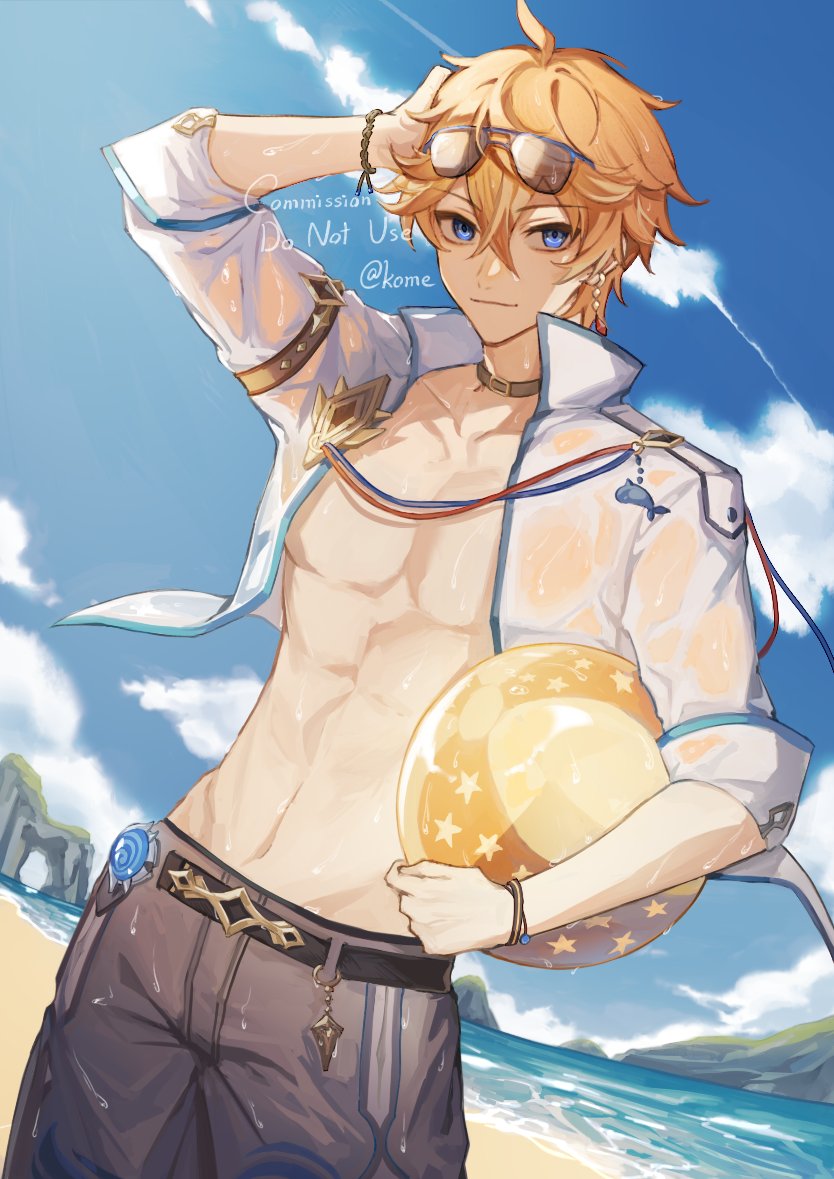 1boy, 329kome, alternate_costume, ball, bangs, beachball, blue_eyes, choker